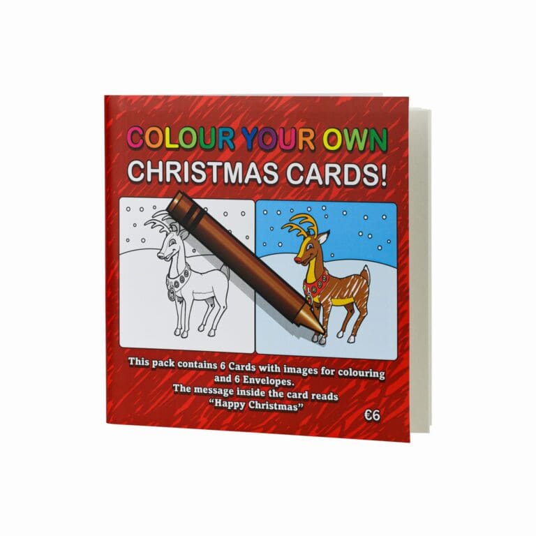 This product combines the joy of coloring with the personal touch of sending a hand-colored card. It’s perfect for children and adults alike, offering a fun activity and a special way to send holiday wishes..The package includes 6 cards with black and white images on them for coloring, along with 6 envelopes for sending the cards after they have been colored. A sample illustration on the packaging depicts a reindeer; half of the reindeer is already colored in vivid colors, showing the contrast and potential result after coloring. The other half is left uncolored, representing the creative opportunity that awaits the purchaser. The snowy background suggests a wintery Christmas scene.