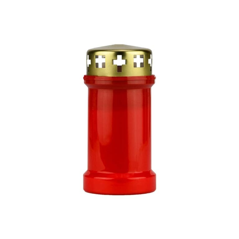 Red plastic case containing candle with gold colored metal lid