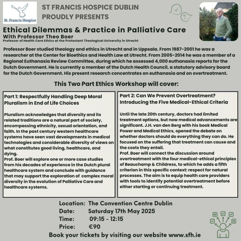 Flyer with information about a workshop entitled "Respectfully Handling Deep Moral Pluralism in Complex End-of-Life Choices", details of the speaker, Prof Theo Boer, time, date, location, cost and content of the workshop